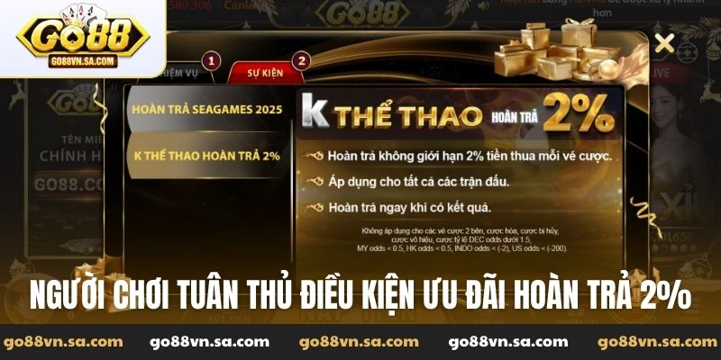 K thể thao hoàn trả 2% - Ưu đãi siêu hấp dẫn tại Go88 - Nudosi